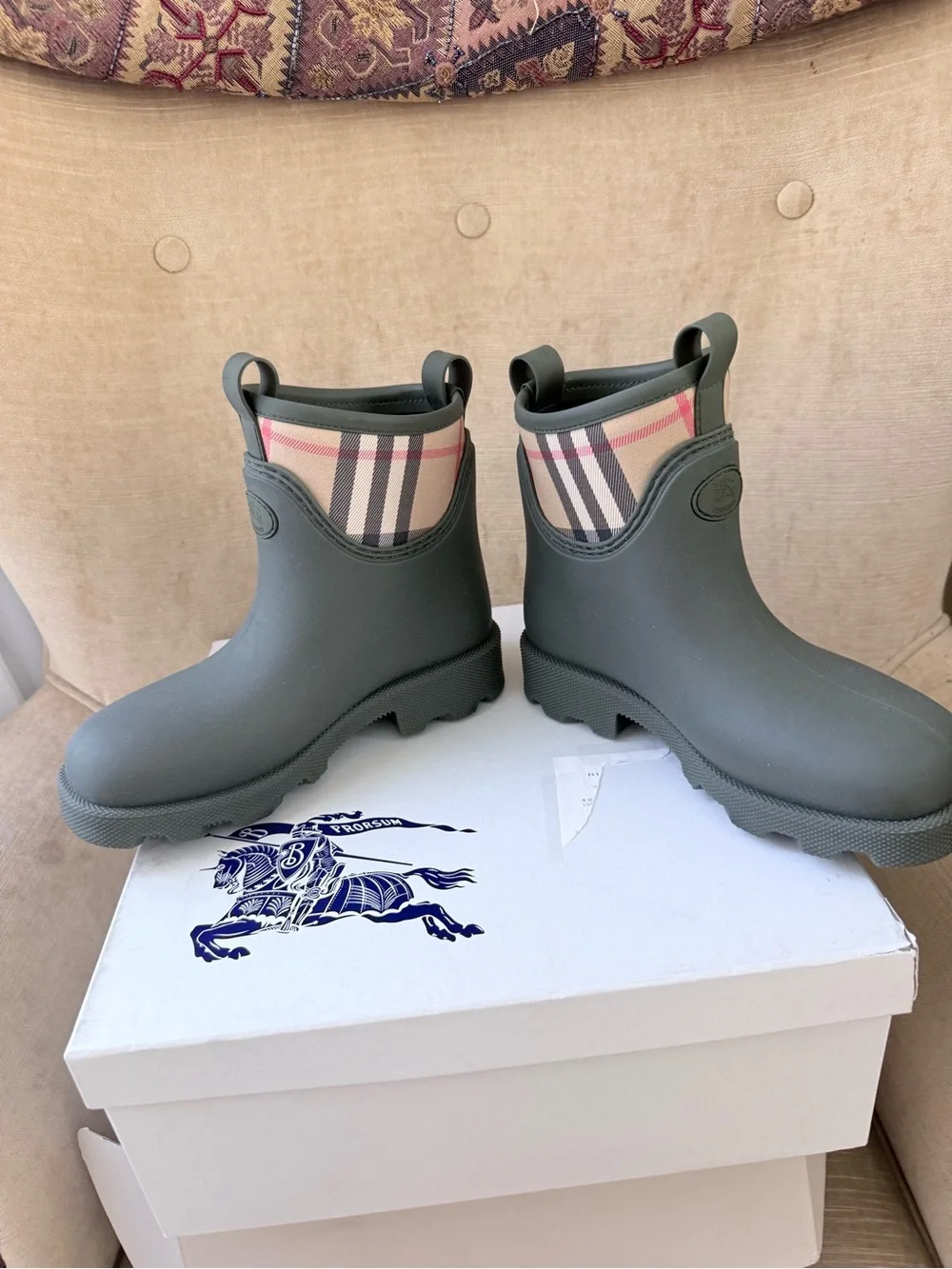 Burberry Olive Green Short Rain Boots with Signature Check Trim